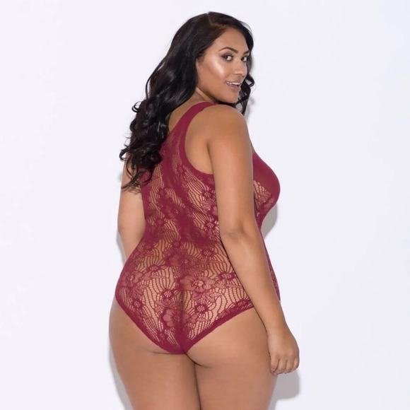 Knit & Floral Lace Stretch Bodysuit Red Cabernet Plus Size Sexy Lingerie New - Picture 3 of 3